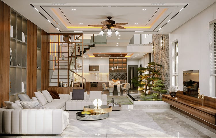 Thiết kế phong cách nội thất phòng khách hiện đại có cầu thang